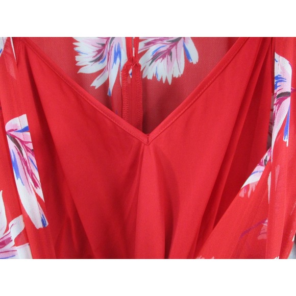 Express Red Floral Chiffon Long Sleeve Romper Surplice Wrap Tie Waist Womens M - Picture 6 of 14